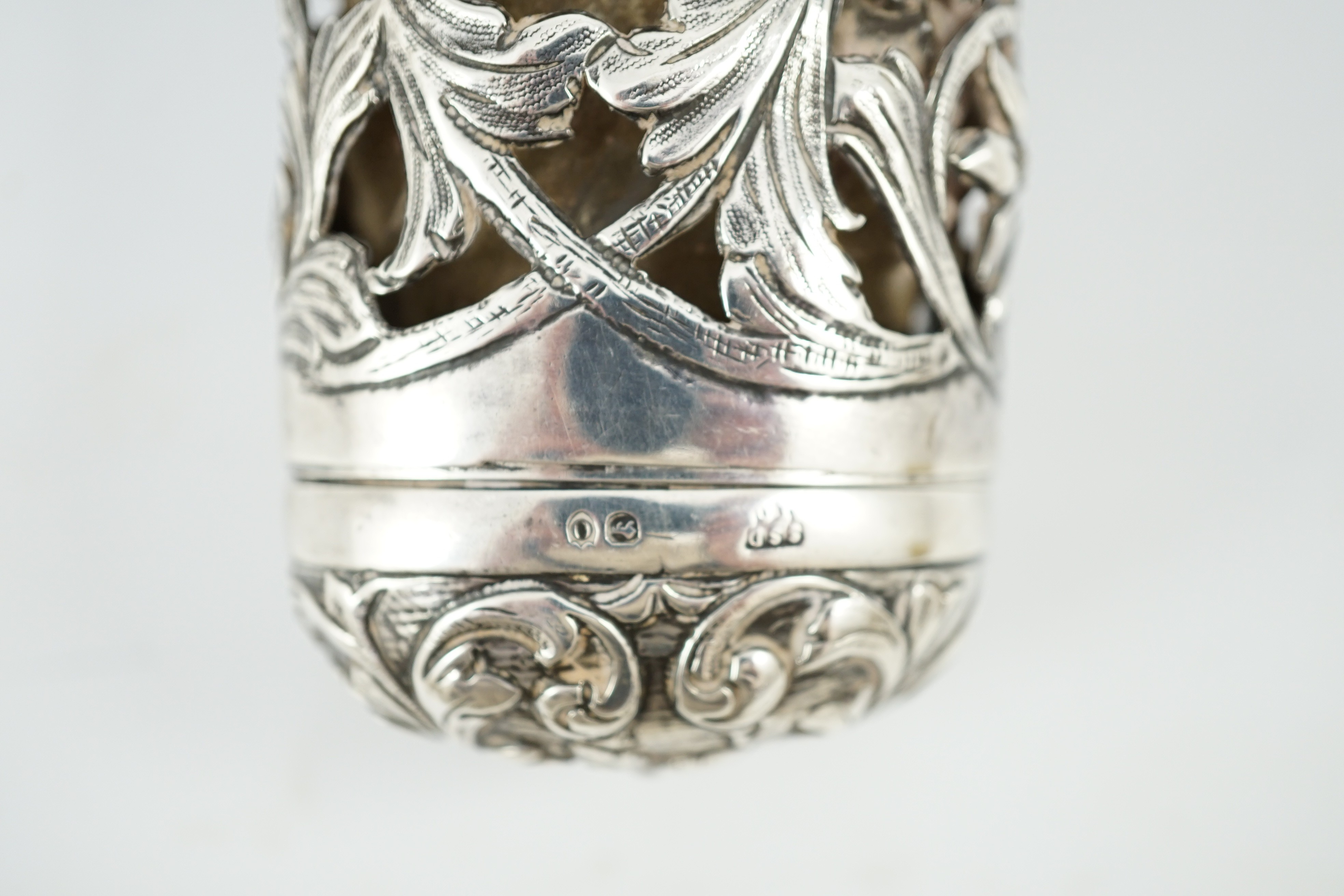 An unusual large late Victorian silver mounted glass combination scent bottle and vinaigrette, by Drew & Sons